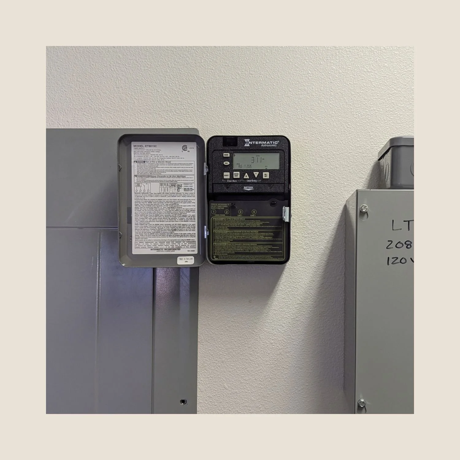 Replaced the outdated mechanical time clock with an astronomical digital time clock to control the parking lot and exterior building lights. The new controller automatically adjusts lighting schedules with seasonal sunset and sunrise changes and incl