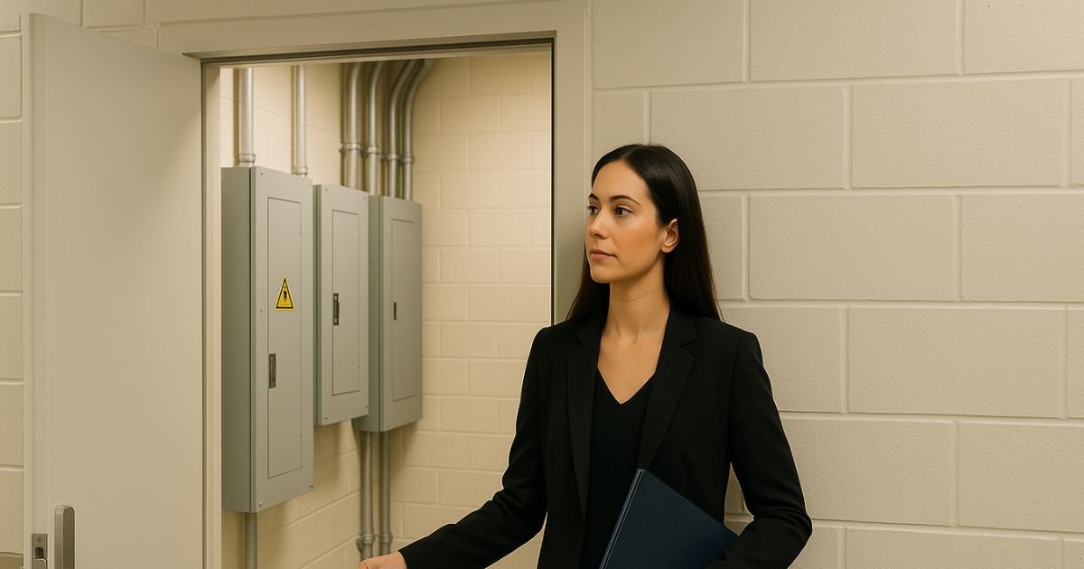 Professional woman inspecting a commercial electrical panel room with conduits and breaker panels installed by our electrician.