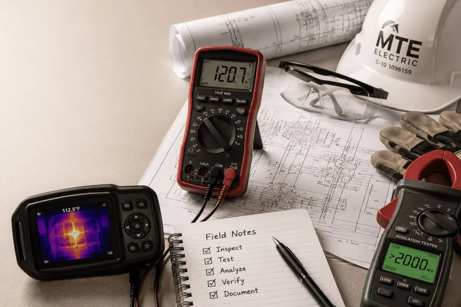 Commercial electrical testing instruments, electrical plans, safety equipment, and diagnostic tools representing MTE Electric's educational articles on commercial electrical systems, troubleshooting, maintenance, and safety.