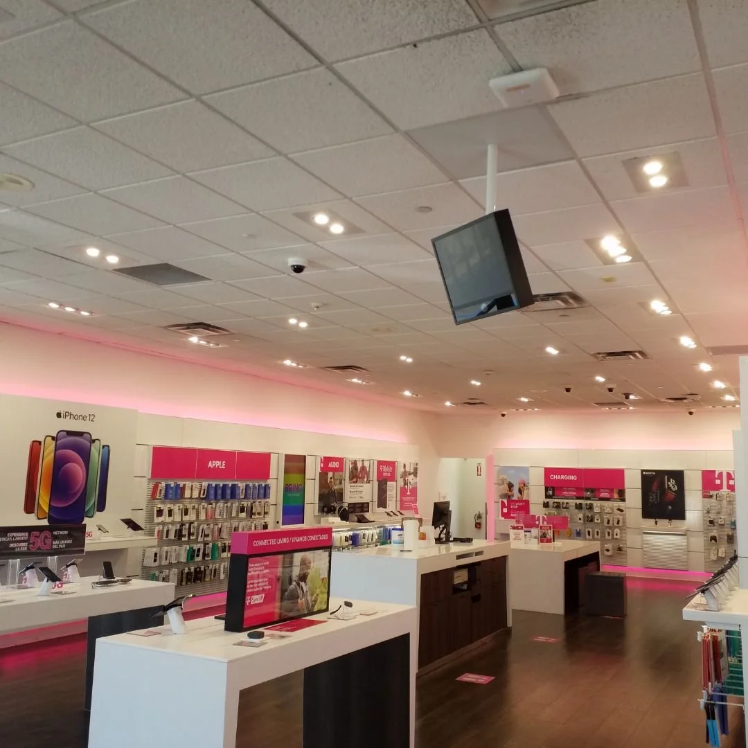 Our electrician was called to this cell phone retail store in Palmdale after the sales-floor lighting failed to turn on. After diagnosing the issue, we traced the problem to a faulty lighting control module. We replaced the module and restored full, 