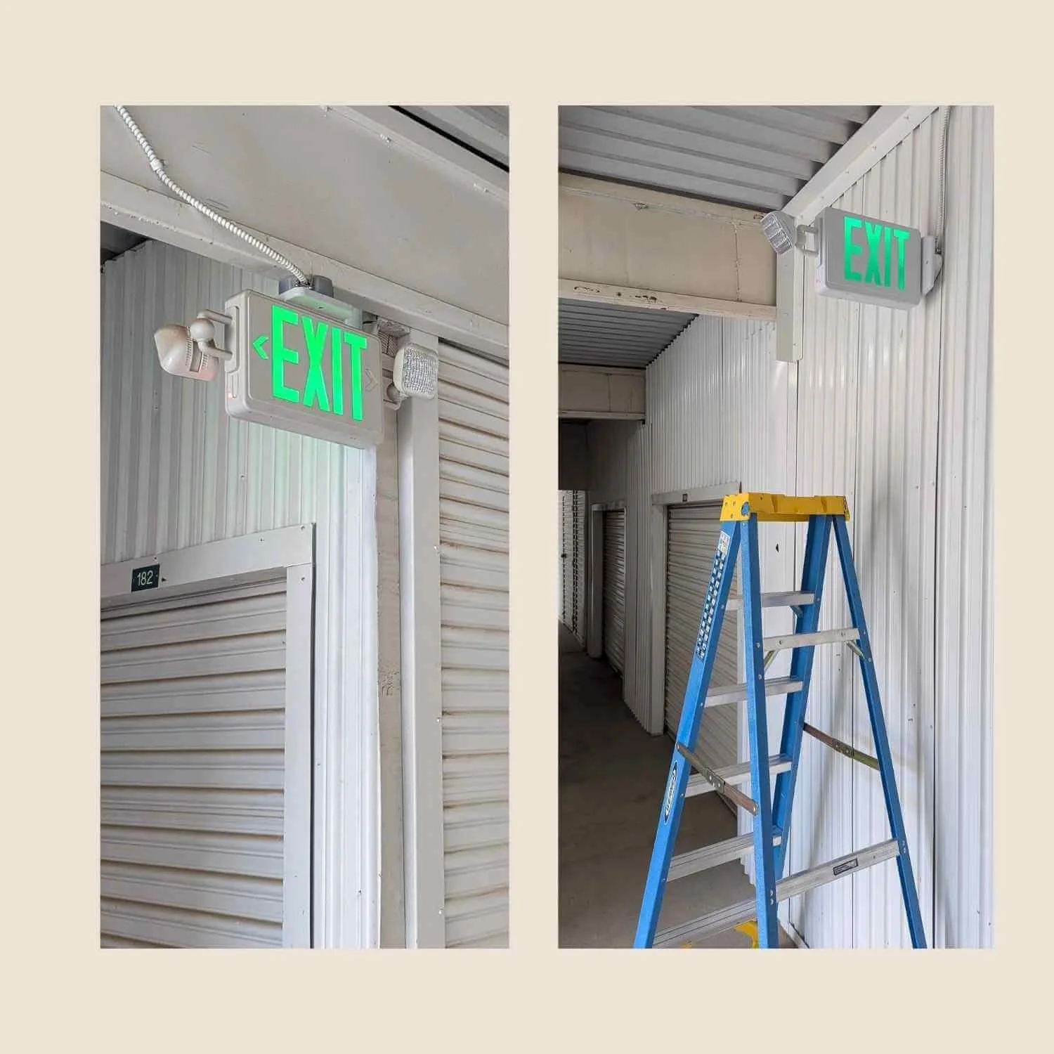 MTE Electric replaced two broken exit signs with matching direct-replacement units at a self storage facility on Powhatan Court in Apple Valley, California.