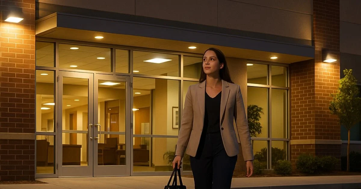Woman walking outside a well-lit commercial building with lighting installed and maintained by our electrician.