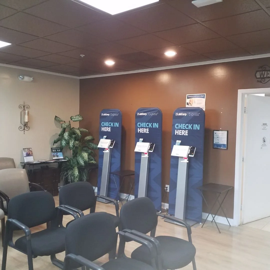 Our electrician installed two LED can lights above the check-in kiosk at this Apple Valley medical lab, improving visibility and enhancing the customer experience.