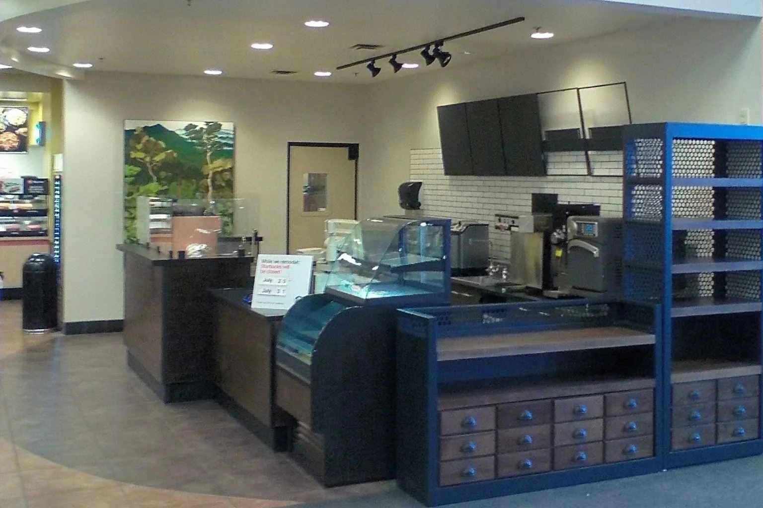 Commercial coffee shop remodel in Apple Valley, California featuring new electrical wiring installation for coffee makers, refrigerators, display equipment, and cash register systems by a licensed electrician on Bear Valley Road.