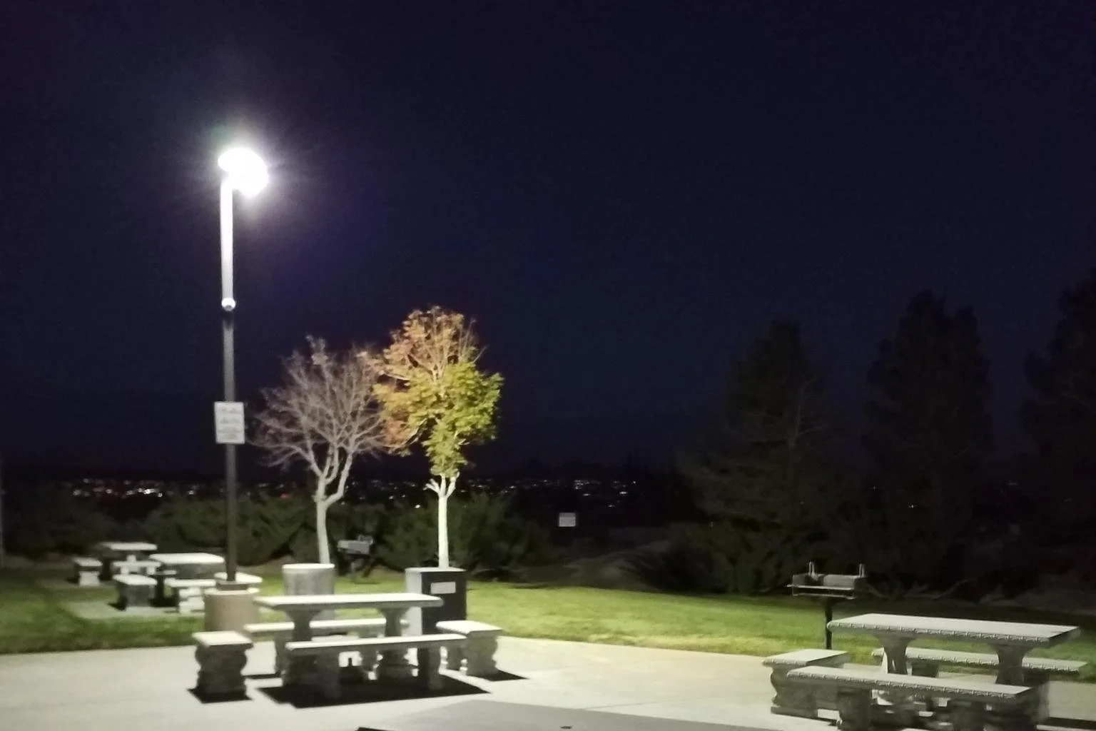 LED flood lights illuminating a private recreational park at night in Victorville, California, installed by MTE Electric to improve park visibility and safety.