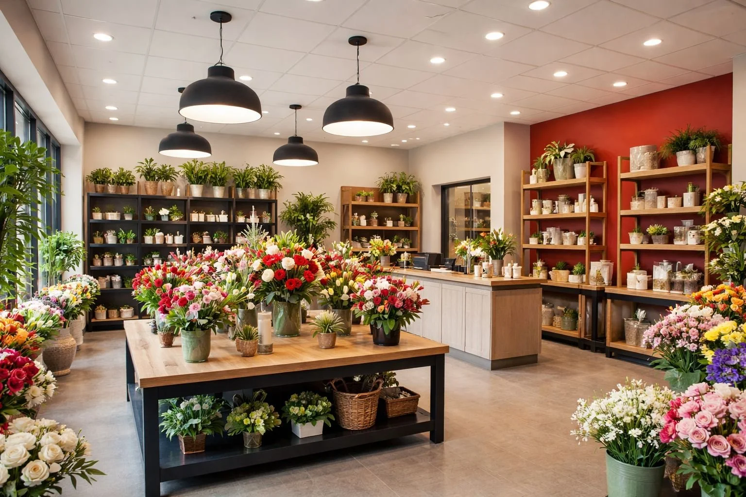 Commercial interior lighting installed by an electrician in Apple Valley, featuring a well-lit retail flower shop.