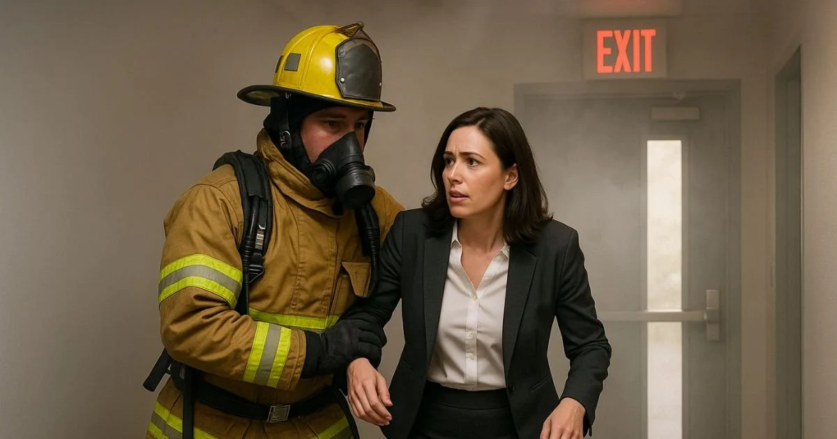Firefighter leading a woman to safety under an exit sign serviced by an electrician.