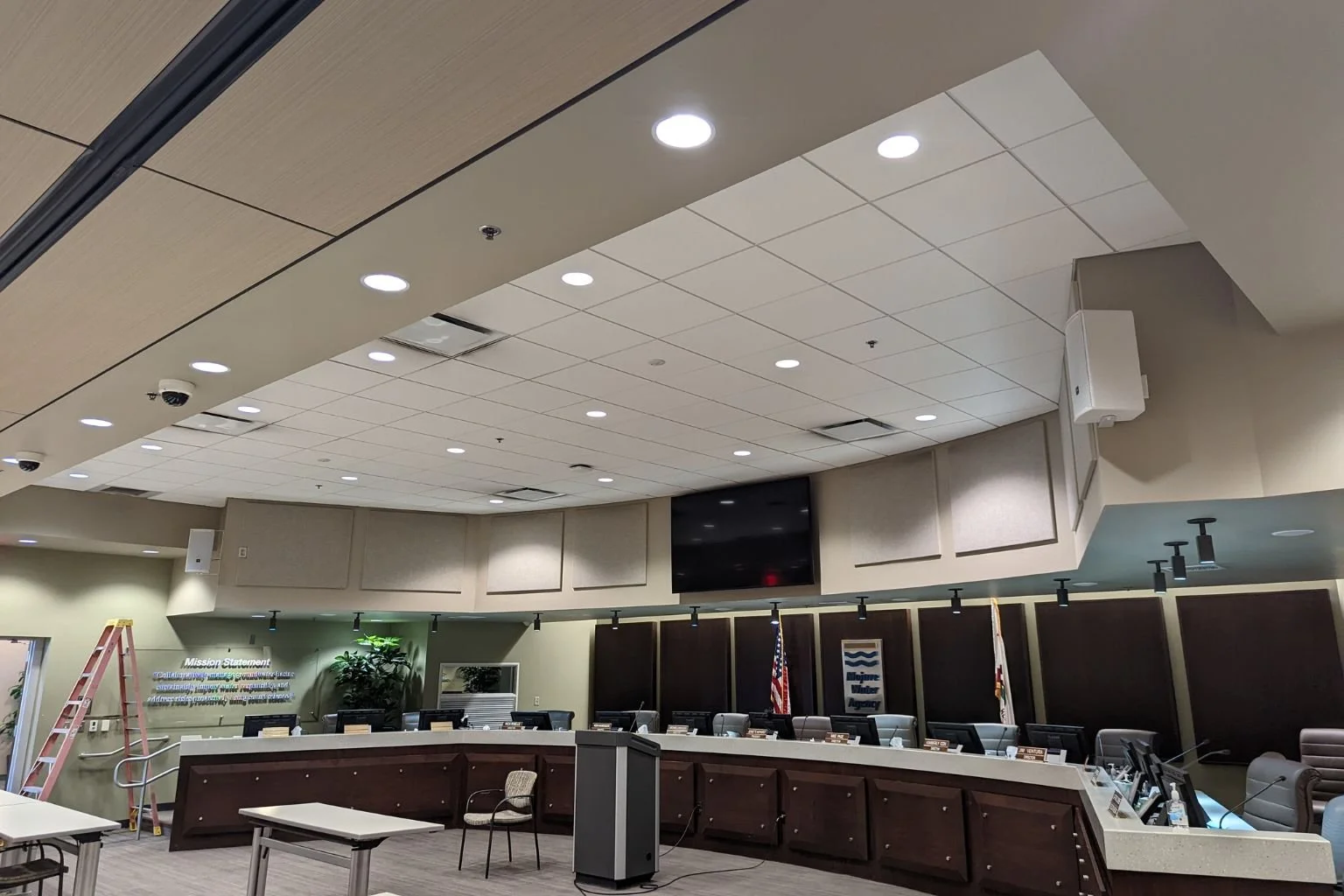 Boardroom at Mojave Water Agency in Apple Valley CA with upgraded LED lighting after commercial lighting repair by a local electrician in the Town of Apple Valley.