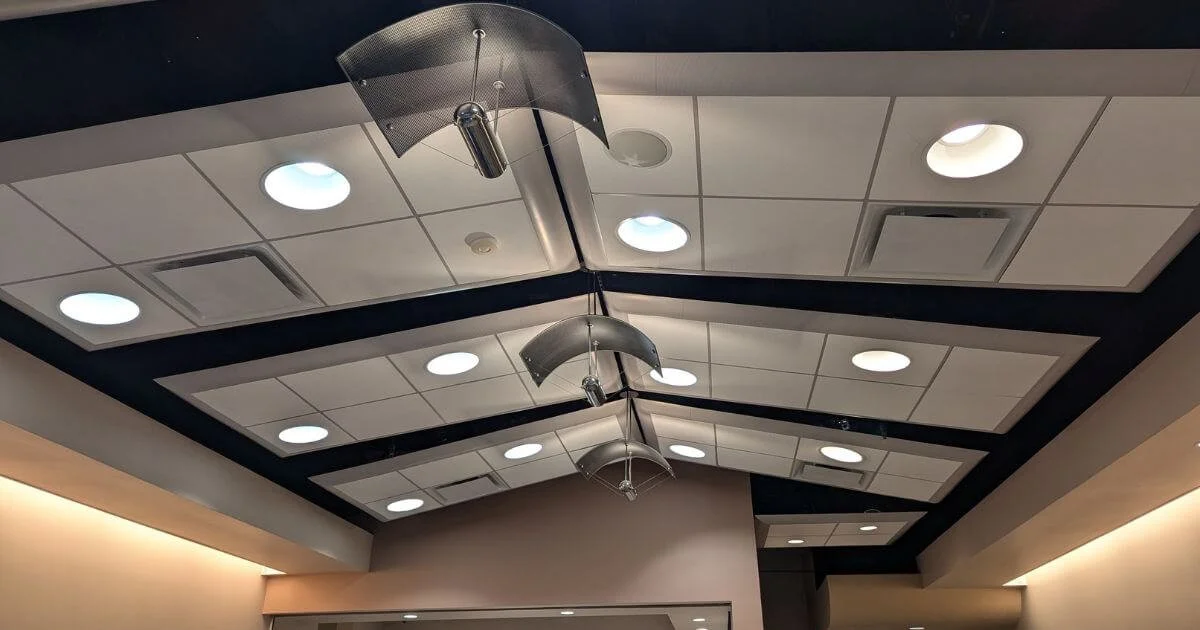 Commercial interior lighting installation featuring recessed ceiling fixtures in a High Desert business.
