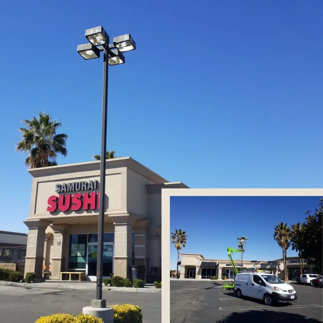 Our electrician converted the existing metal halide parking lot light fixtures to energy-efficient LED lighting at this Hesperia strip mall—upgrading the illumination without replacing the original fixtures.