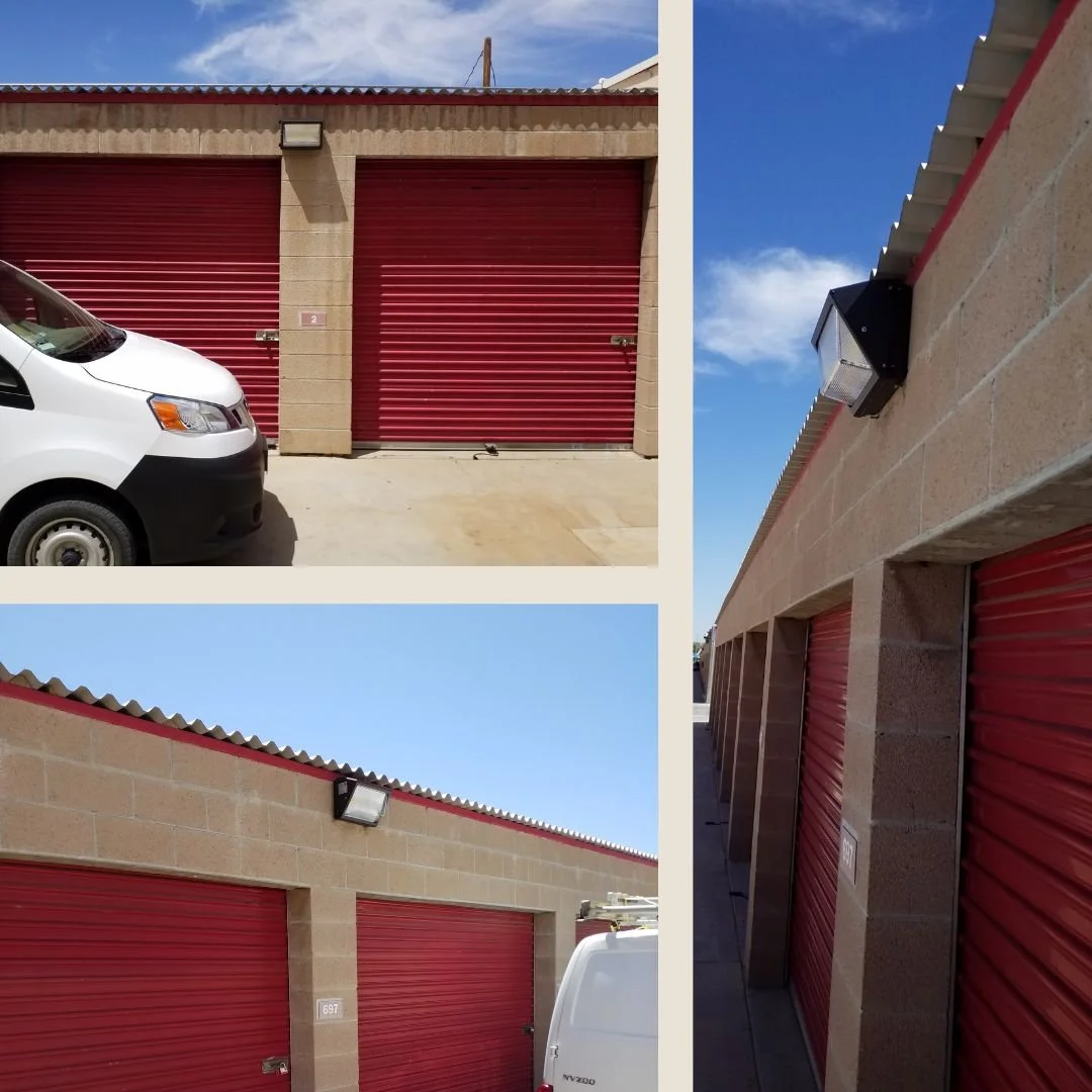 Our electrician replaced several older exterior light fixtures around this Apple Valley self-storage building with new LED lighting, improving brightness, safety, and energy efficiency across the property.