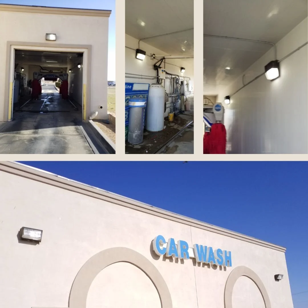 Our electrician upgraded the existing metal halide fixtures to energy-efficient LED lighting throughout this Apple Valley car wash, improving visibility, reliability, and overall safety.