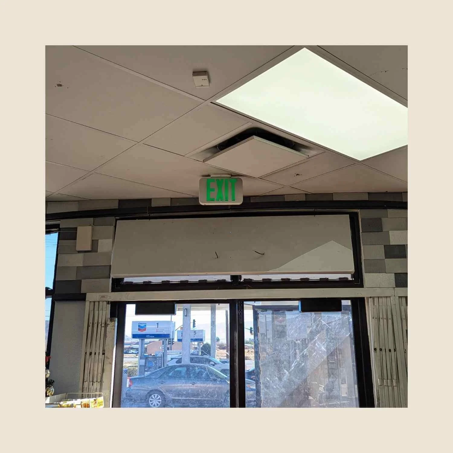 MTE Electric replaced a faulty exit sign above the main entrance at the Chevron station located at 22488 CA-18 in Apple Valley, CA. Exit signs are a critical life-safety system that help direct occupants to emergency exits during power outages and em