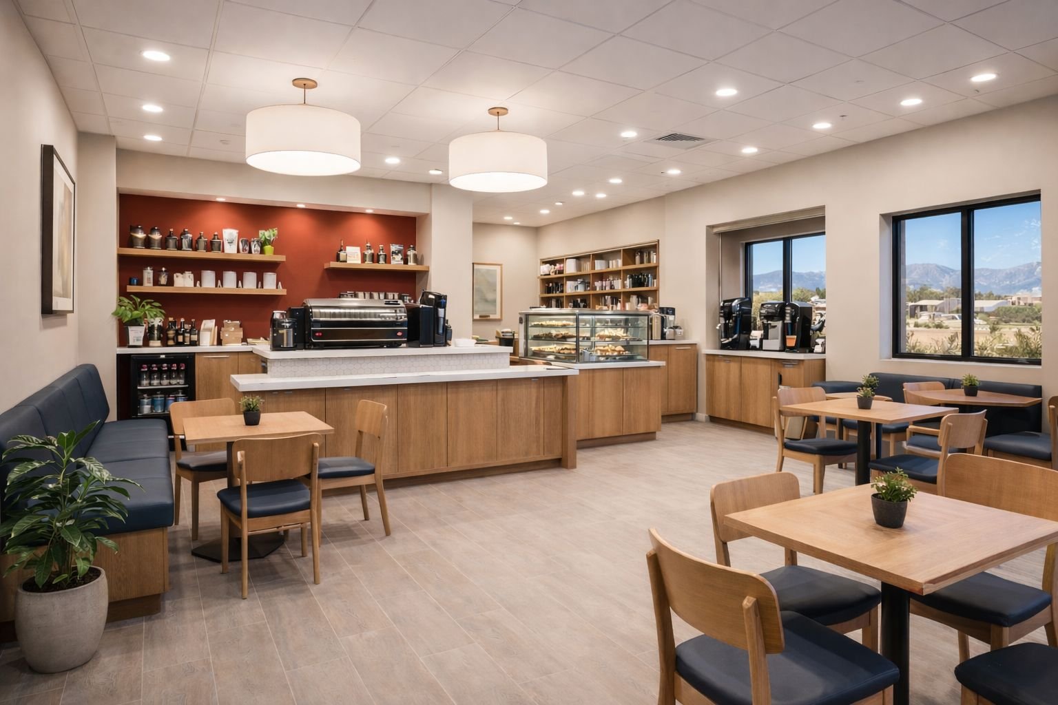 Small coffee shop interior with modern commercial lighting installed by an electrician in Apple Valley.