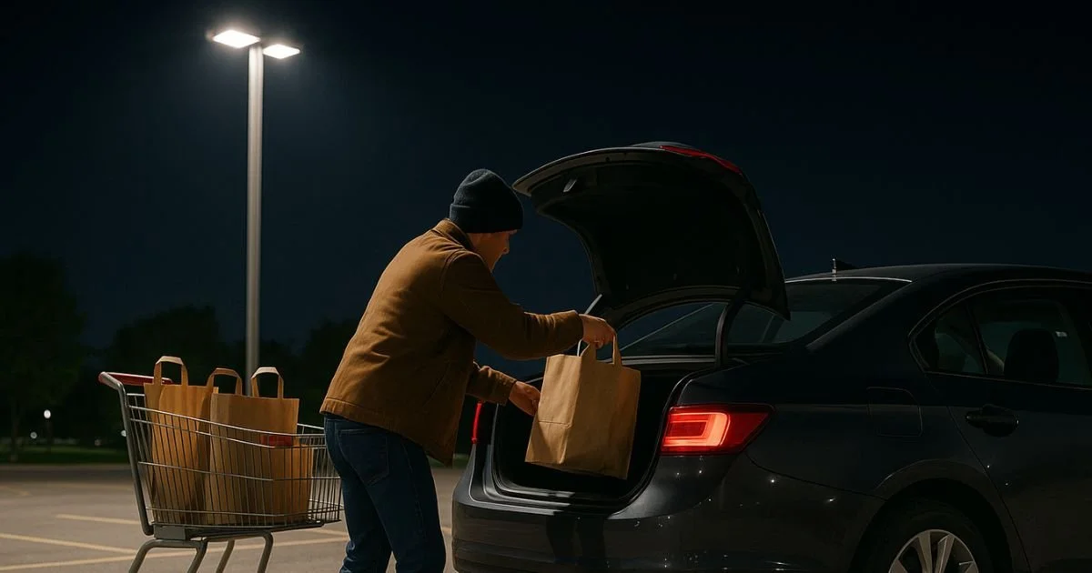 Shopper loading groceries into a car under bright parking lot lighting installed and maintained by our electrician.
