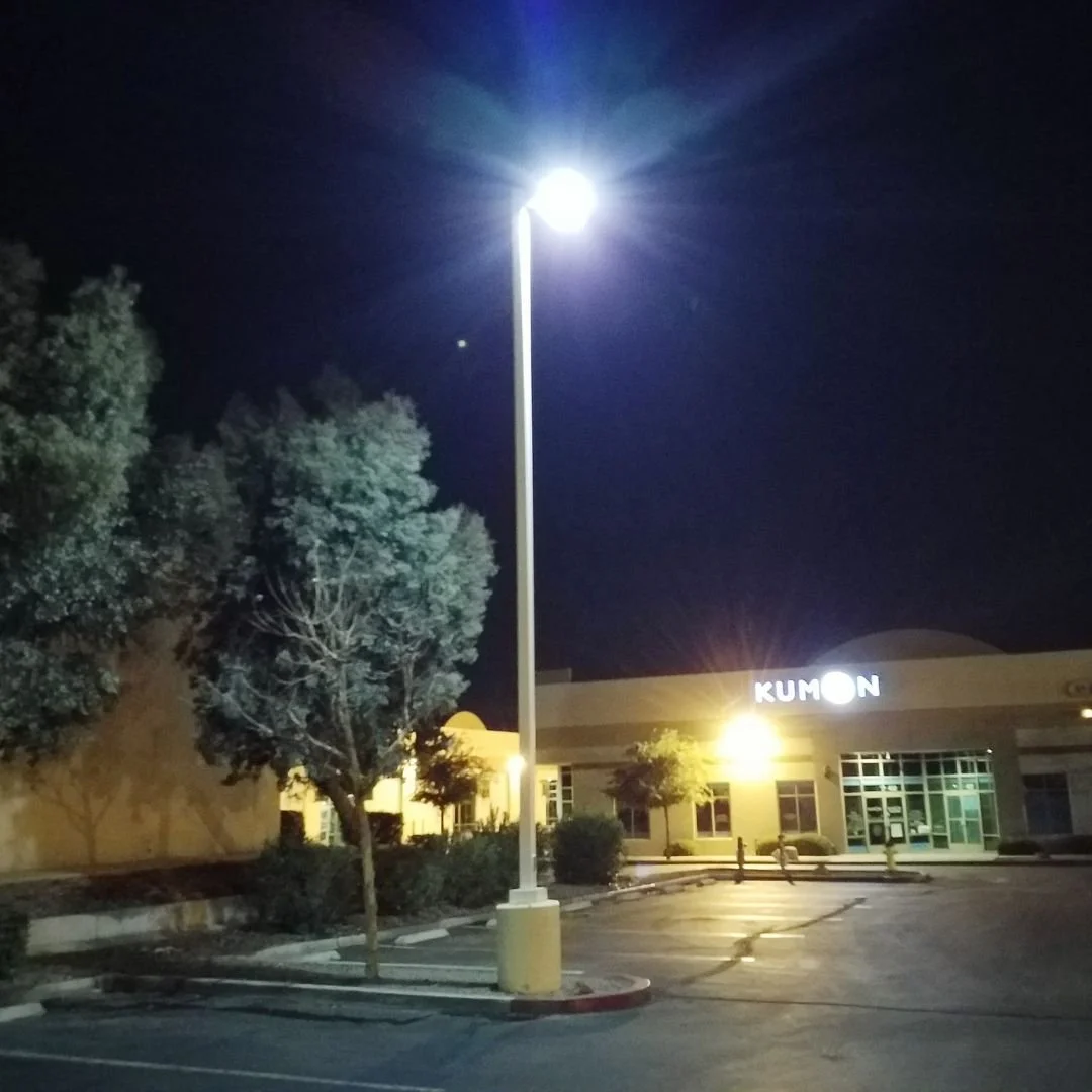 Our electrician converted this parking lot light pole from an older metal-halide fixture to a high-efficiency LED system at an industrial complex in Victorville. The upgrade provides brighter, more reliable illumination while reducing energy and main
