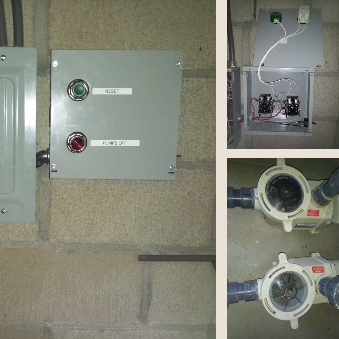 Our electrician manufactured and installed a custom pump control system for this Lucerne Valley water feature, designed to shut down the pumps if they run dry—preventing damage, overheating, and costly repairs.