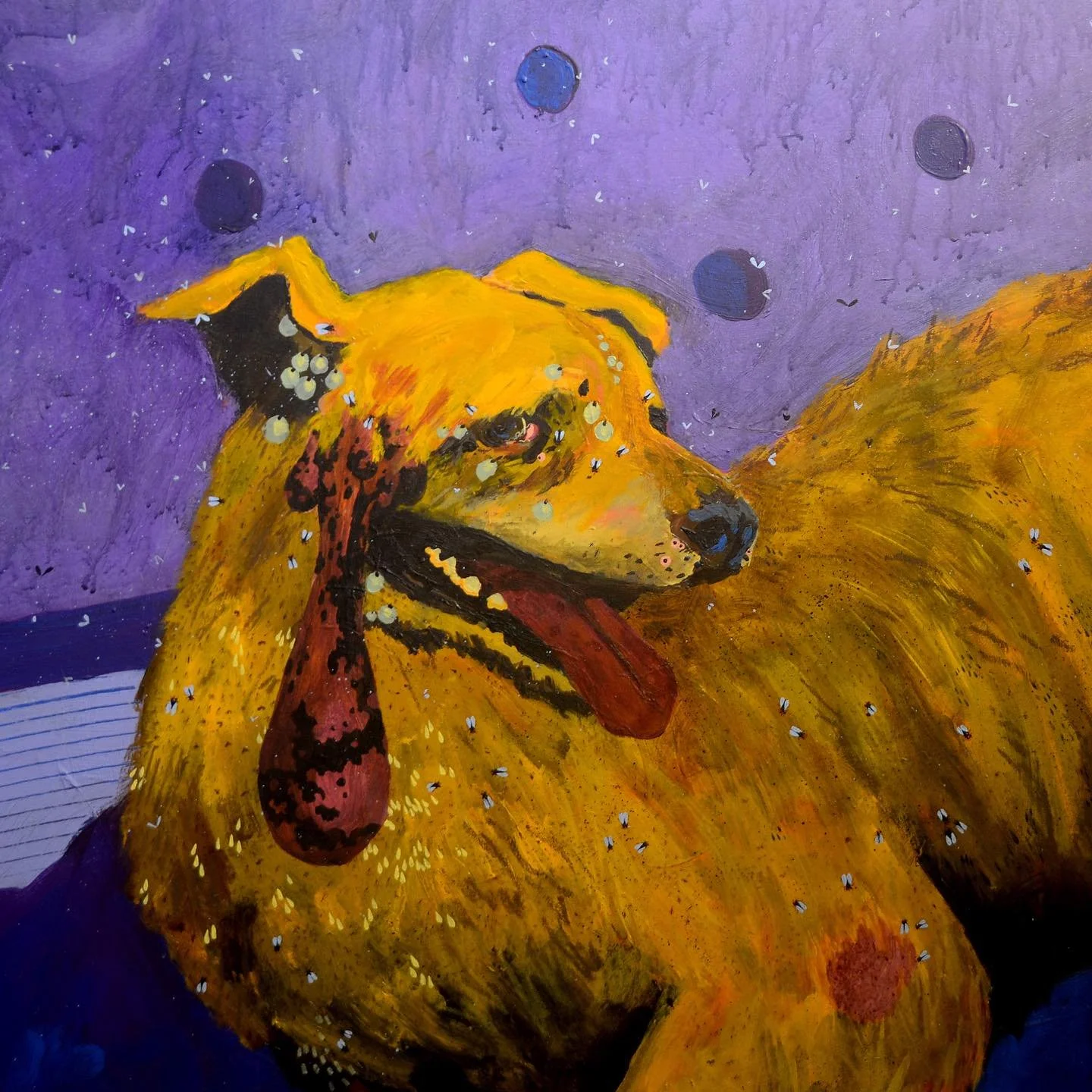 城市中的昆蟲，看似微不足道，甚至被厭惡、驅趕或捕捉。人們將之與負面事物聯想在一起&mdash;污穢、疾病、腐化等，一向都想把牠們排除在生活視線外。不自覺間，人類將物種分作不同等級，有的較重要，有的易被忽略。

洪忠傑 @kensahung 的作品由多件尺寸形狀不一的平面畫作組成，把較受重視的品種與被忽略的並置，探索城市中人和身邊生物的關係。畫布和顏料均顏色鮮艷，營造人工化的感覺。

其中一張主軸作品《黃仔和牠的房客》，以真實尺寸呈現一頭名為「黃仔」的年老狗隻。「黃仔」原居於香港東平洲，一直由島上