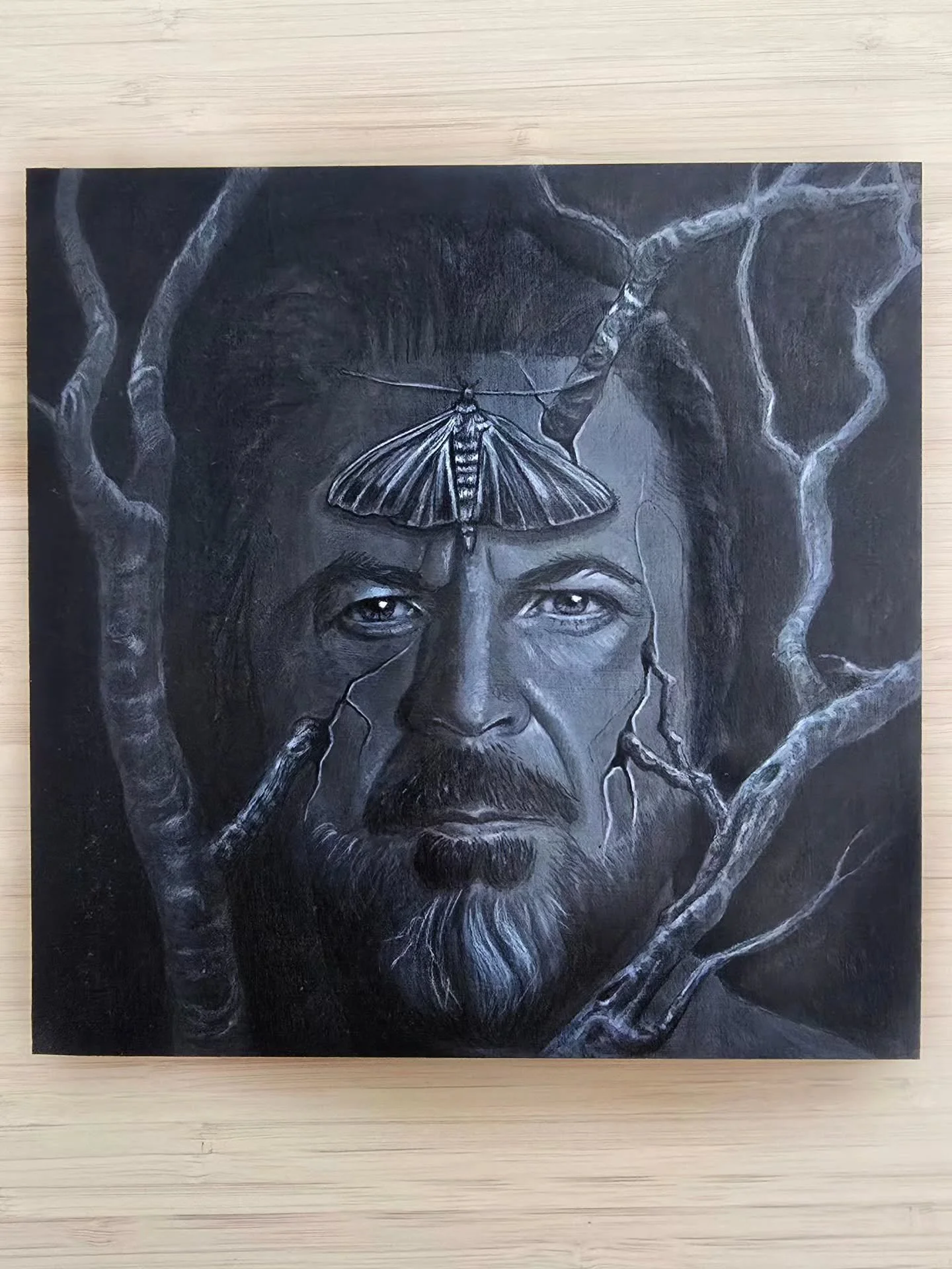 Unfinished surreal portrait of Jeffrey Vincent Parise. I wanted to paint a powerful portrait, a force of nature. 
This painting will probably remain a work in progress for a while. I was supposed to fly to the Crossroads convention in Birmingham this