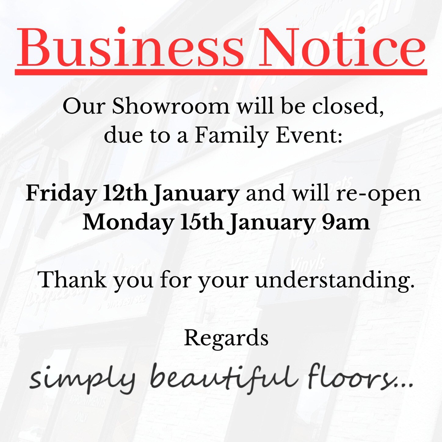 📣 Business Notice!

Our Showroom will be closed, due to a Family Event, Friday 12th January and will re-open Monday 15th January 9am.

** If you are booked in for fitting on Friday 12th January , don't worry this is still going ahead it is only the 