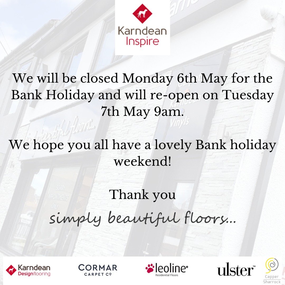 ** Notice ** 📣

We will be closed Monday 6th May for the Bank Holiday and will re-open on Tuesday 7th May 9am.

We hope you all have a lovely Bank holiday weekend! Hopefully the sun makes an appearance! ☀

Thank you
Simply Beautiful Floors