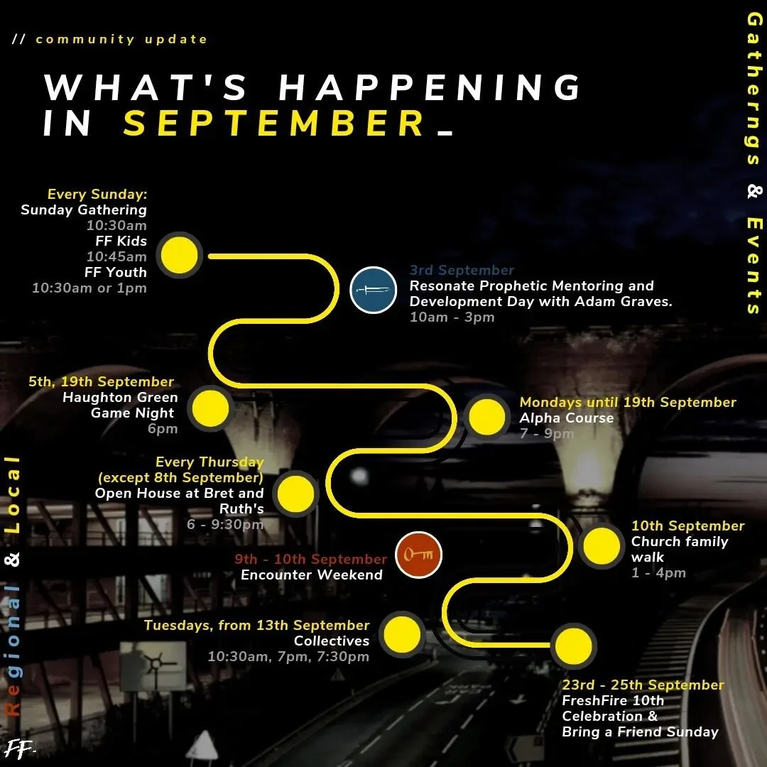 Hello. We hope you've been enjoying your summer.☀️ Here are some ☝️ key dates ☝️ of what's coming up in September, there's plenty for you to get involved with! From having fun with everyone and encountering the presence of God to deeper healing and p