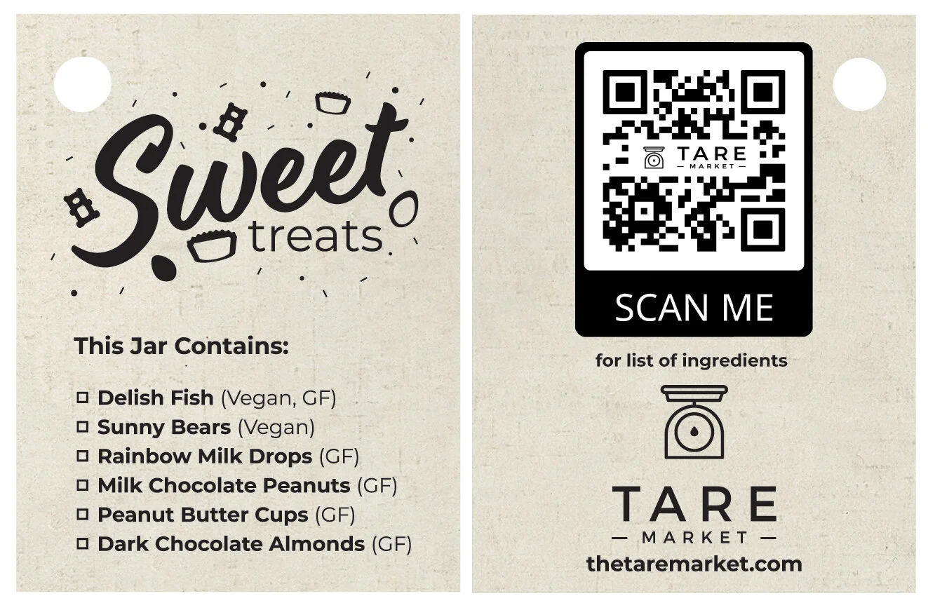 Cookie + Soup Mix tag included jar ingredients and instructions on tag for ease of use to all customers. For the candy jar a QR code allowed for a simpler front and back tag.