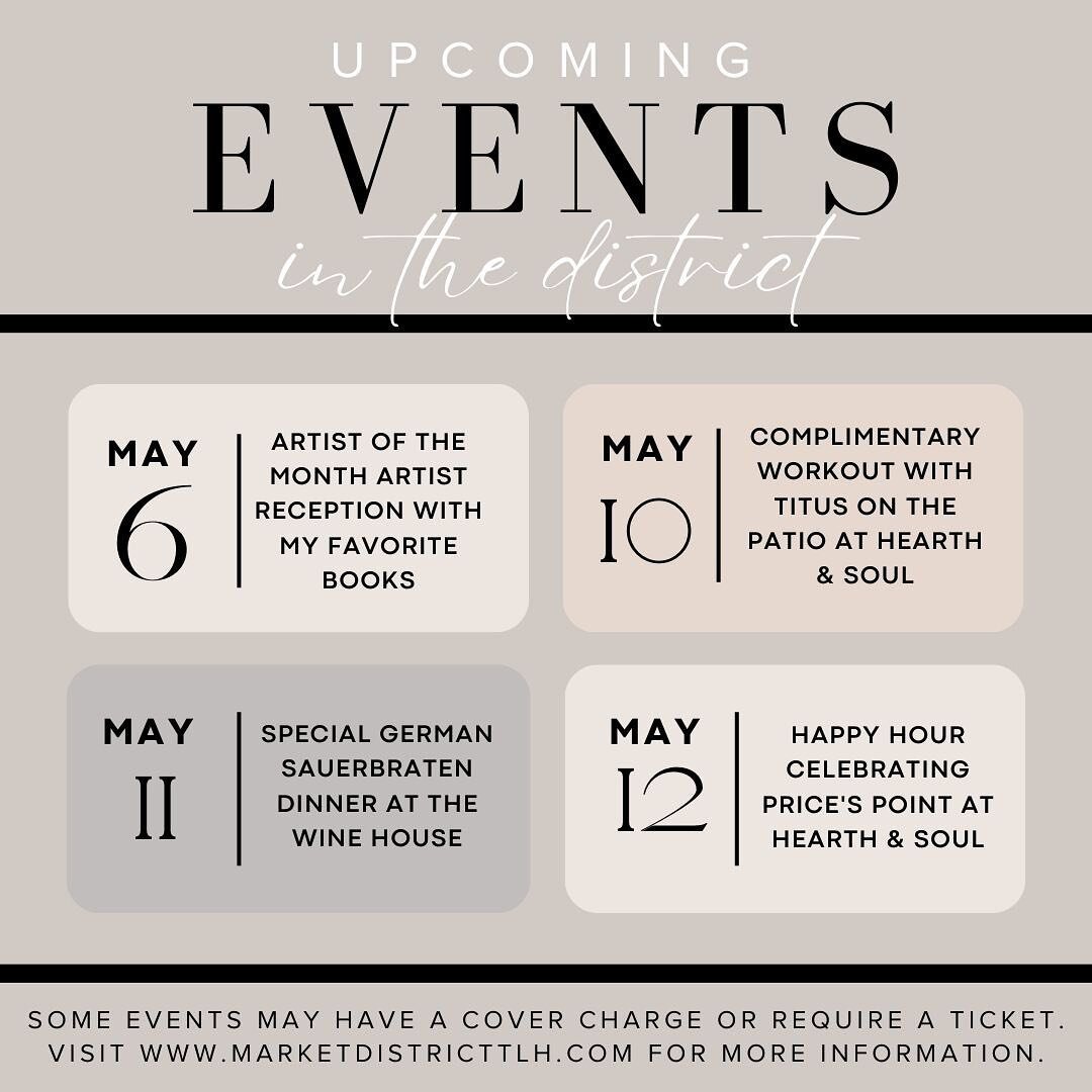 | M A Y

It&rsquo;s a May to remember! ✨

This month the district is jam-packed with a variety of events from live music to outdoor patio workouts to book signings to makeup classes and more! 🎵🏋️&zwj;♀️📖💄🍽️🍷🎨

📆 Fill up your social calendar w