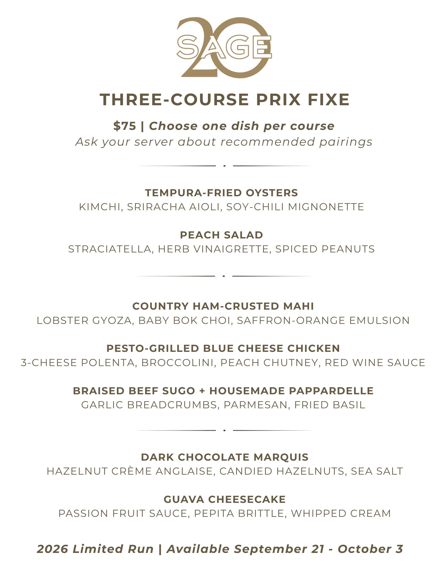 20th Anniversary Prix Fixe