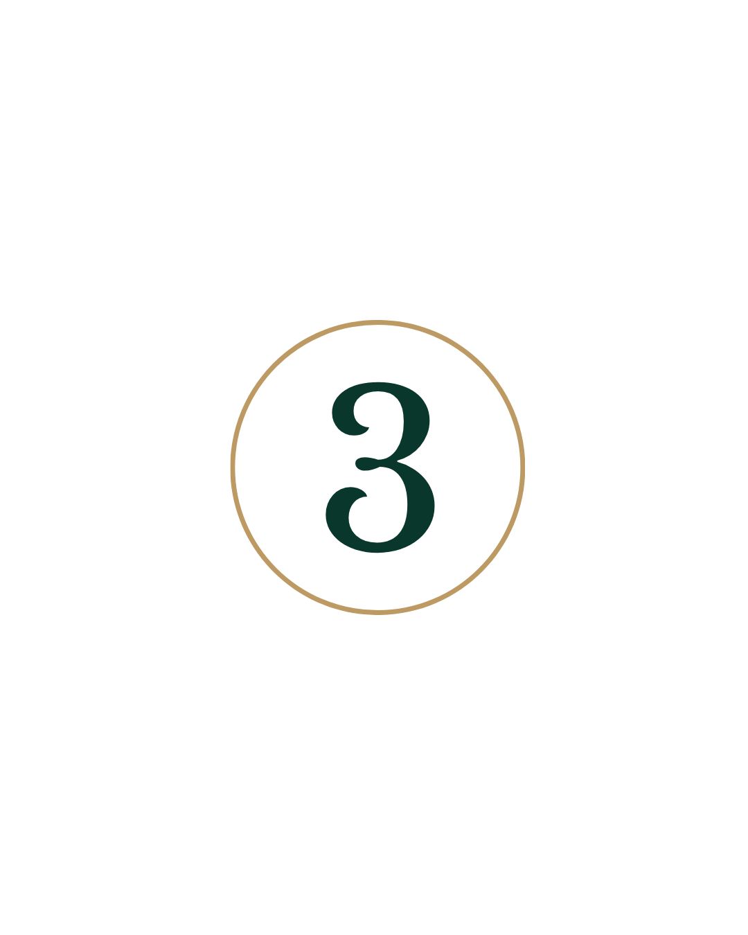 A gold circle outline with a dark green number three in the centre against a white backdrop.