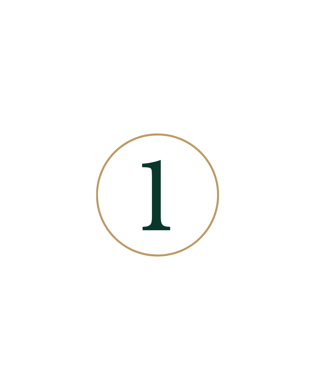 A gold circle outline with a dark green number one in the centre against a white backdrop.