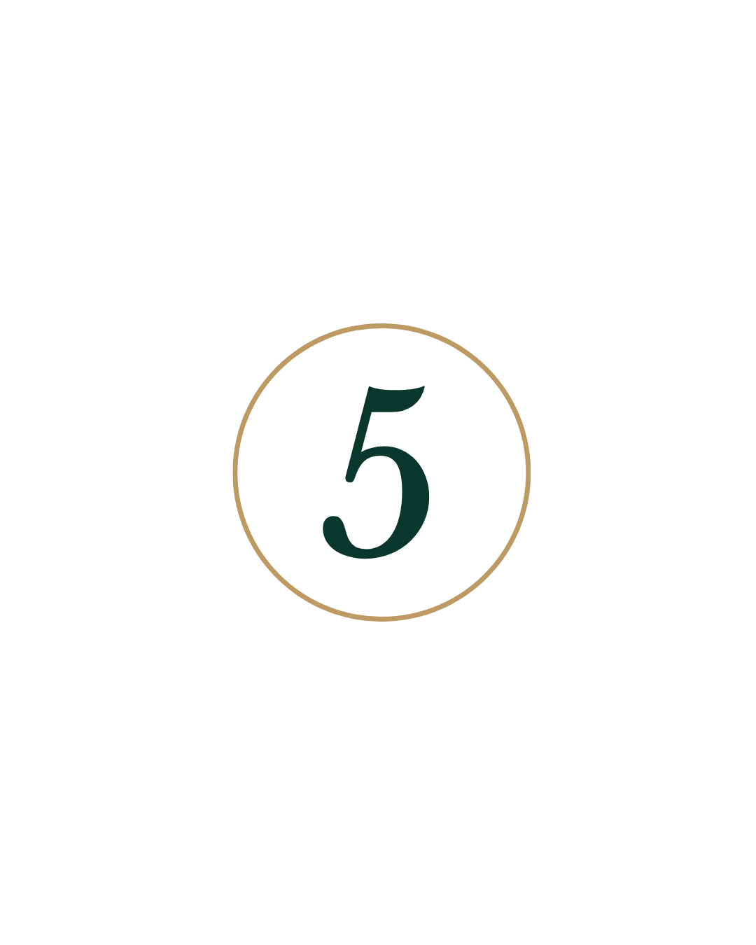 A gold circle outline with a dark green number five in the centre against a white backdrop.