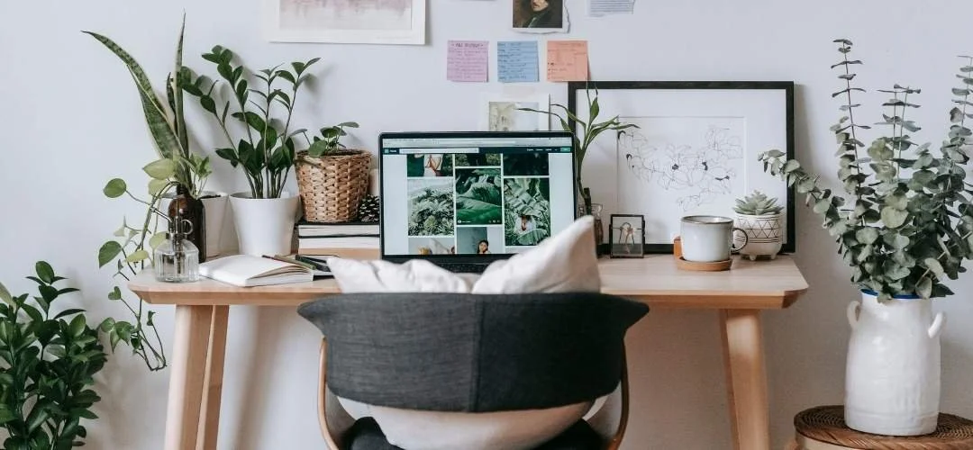 Schreibtisch mit Pflanzen, Notizen, einem Laptop, Bildern und Dekorationen vor einer weißen Wand.