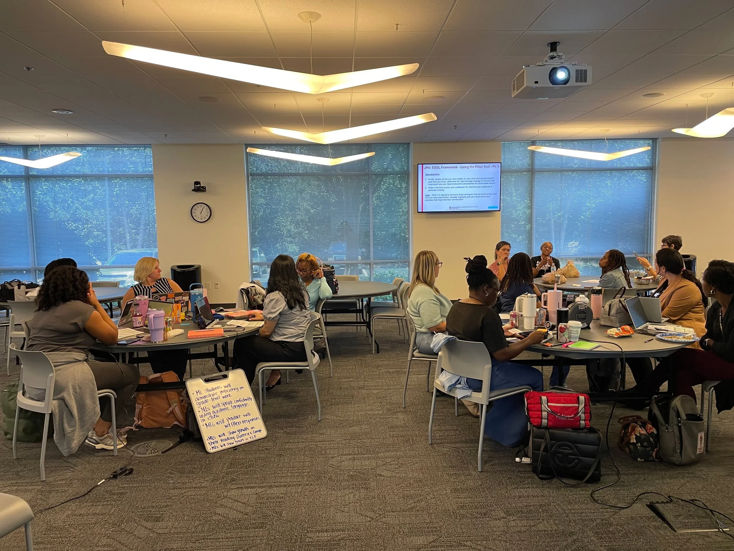 GCPS ML Program Office Coaches and Specialists engage in a Joint Productive Activity (JPA) during one of MERIT&rsquo;s PL Sessions to develop new tools to help engage ML students and to support the sustainable integration of the IC Pedagogy/the GCPS 