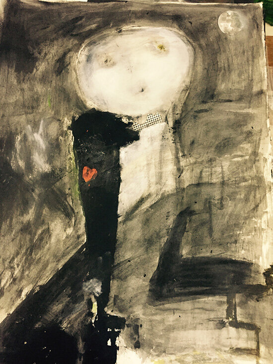 Wobbly Heart,Oil Paint, Graphite, Oil Sticks, Charcoal, Tape and Collage