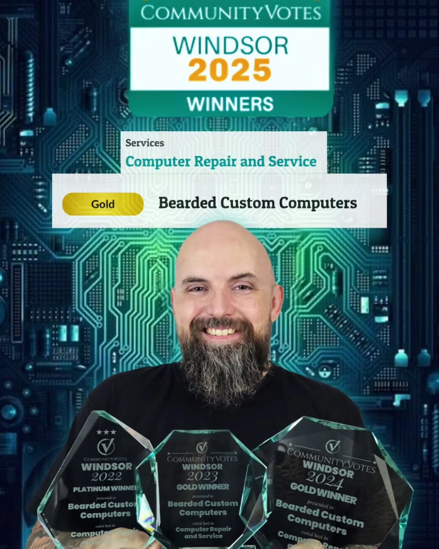 Thanks for voting, everyone! Bearded Custom Computers has won Gold three years running. Let's aim for Platinum in 2026! 🥇🔥

#beardedcustompcs #communityvotes #yqg #pcbuilder #gamingcommunity #tech #windsorontario