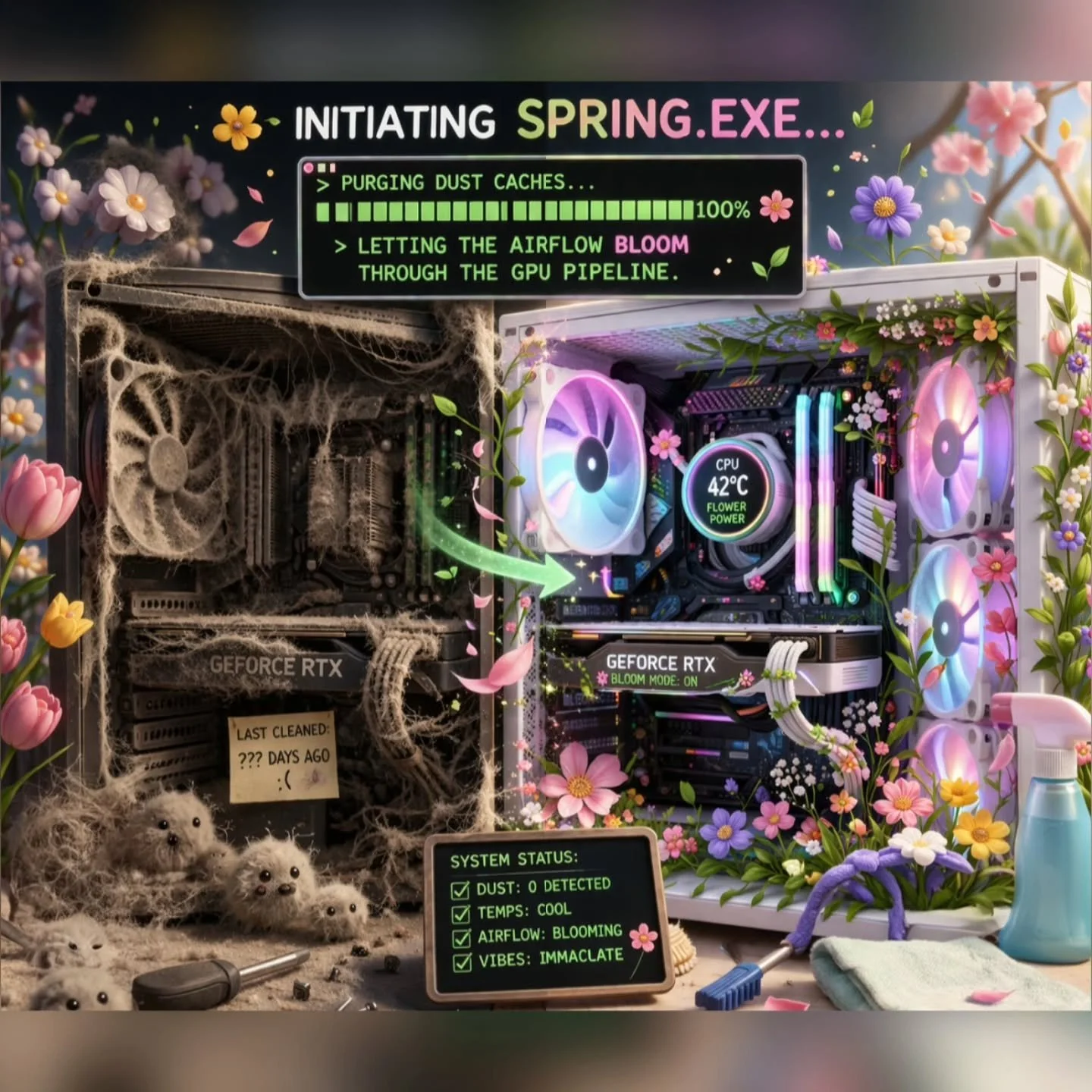Initiating Spring.exe&hellip; 🌱💻

&laquo;Purging dust caches&hellip;
Letting the airflow bloom through the GPU pipeline.&raquo;

Your rig&rsquo;s been hibernating all winter&mdash;time to boost airflow, drop temps, and bring those clean, crisp fram