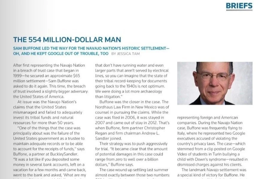 Sam Buffone led the way for the Navajo Nation’s historic settlement—oh, and he kept Google out of trouble, too.