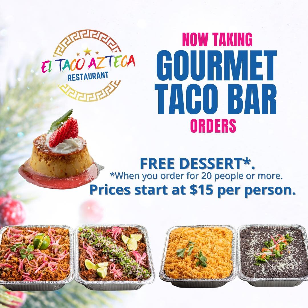 🌮🎉 Spice Up Your Next Event with El Taco's Taco Bar Catering! 🚚💨

Ready to take your parties and gatherings to the next level? 🎊 Look no further! El Taco Azteca your favorite  restaurant in #Pilsen and Bridgeport, is here to cater to all your ne