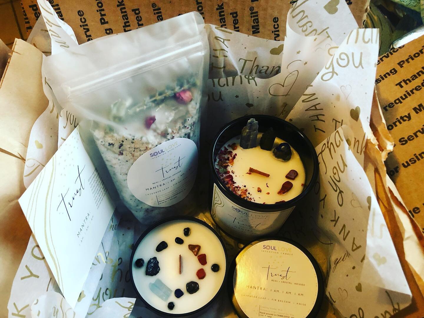 Love prepping and shipping holiday orders ❤️ in Soul Love! 🙏 This month all Intention candles are 10% off any 2 or 15% off any 3 ordered. All bath salts and body butters are 10% off! #soullove #holidaygifts #givethegiftoflove #trust #intentioncandle