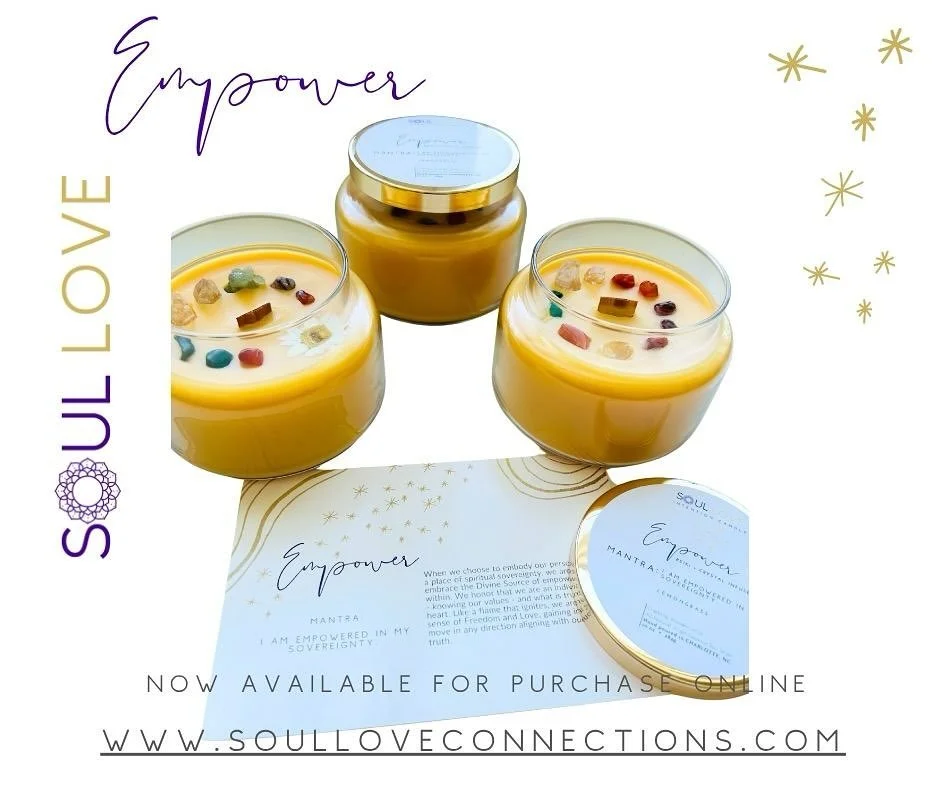 Check out Summer Seasonal Soul Love EMPOWER  Intention Candle 💛🔥🧡

smells citrus + invigorating + refreshing + motivating + ofcourse empowering!! 

Notes: lemongrass, lemon 

Vessel Color: 10oz clear apothecary glass vessel paired with a gold meta