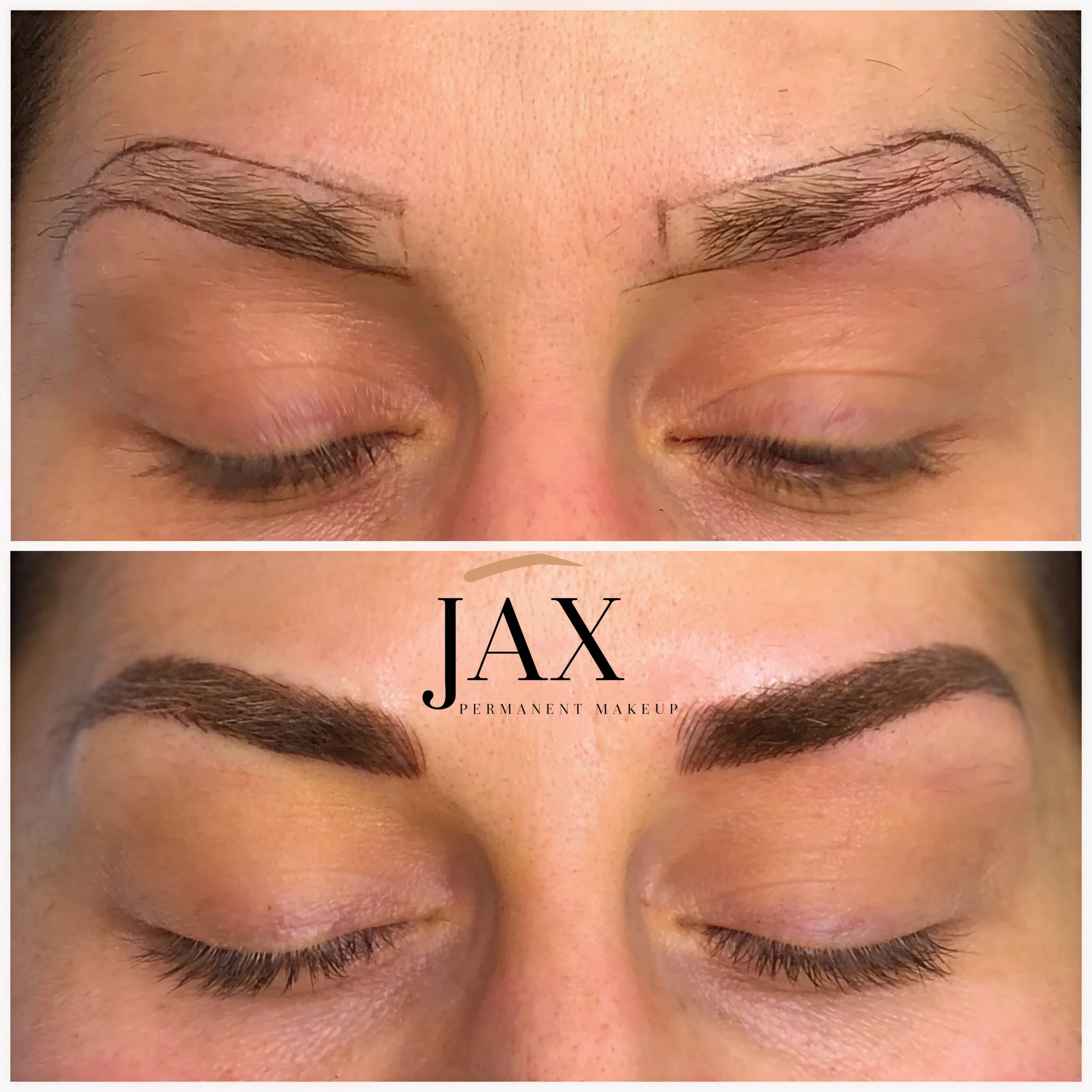 Before and after close-up of eyebrows showing the transformation from sparse and light eyebrows to full, dark, and defined eyebrows with the logo of JAX Permanent Makeup in the center.