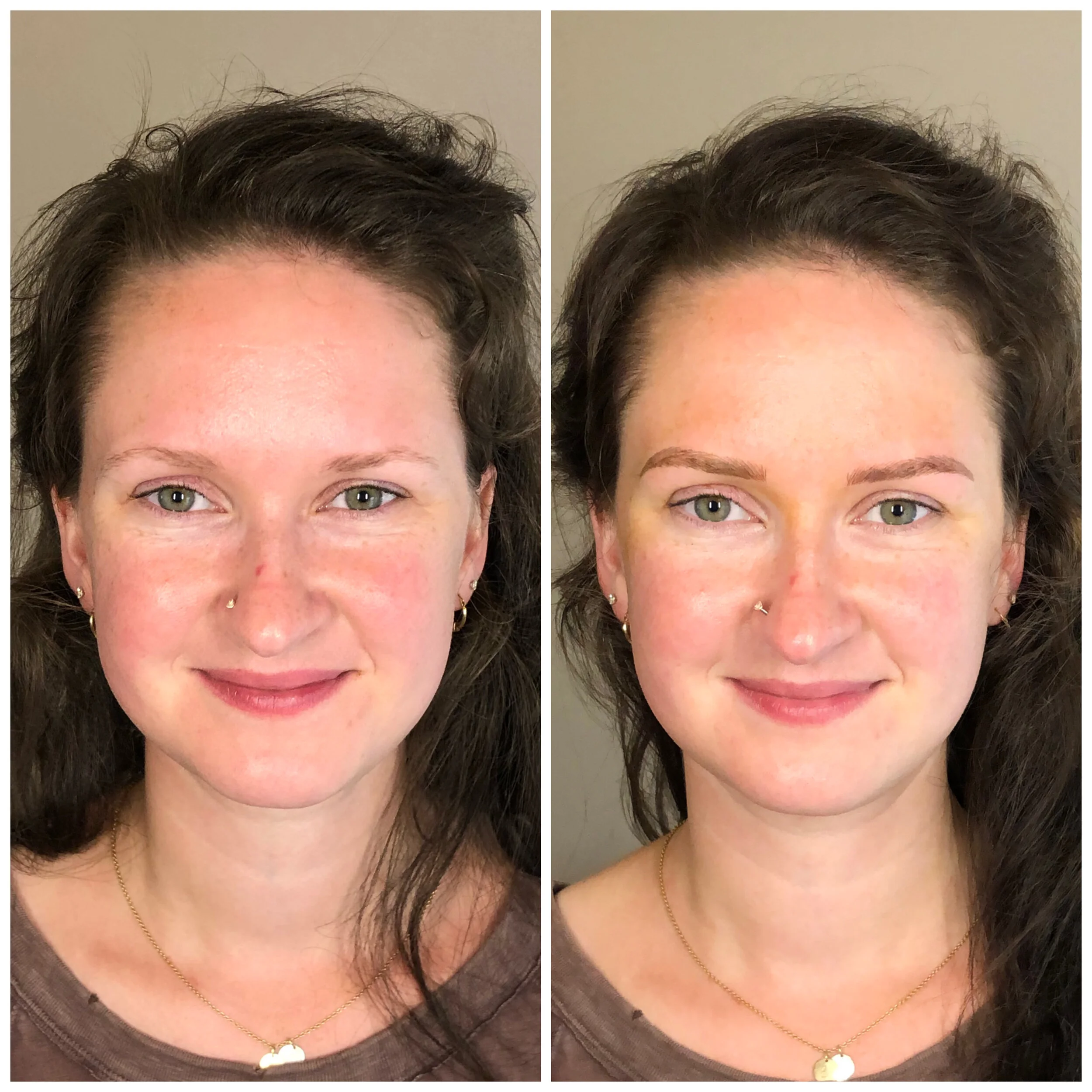 Side-by-side comparison of a woman before and after makeup application, showing improved skin tone and defined eyebrows.