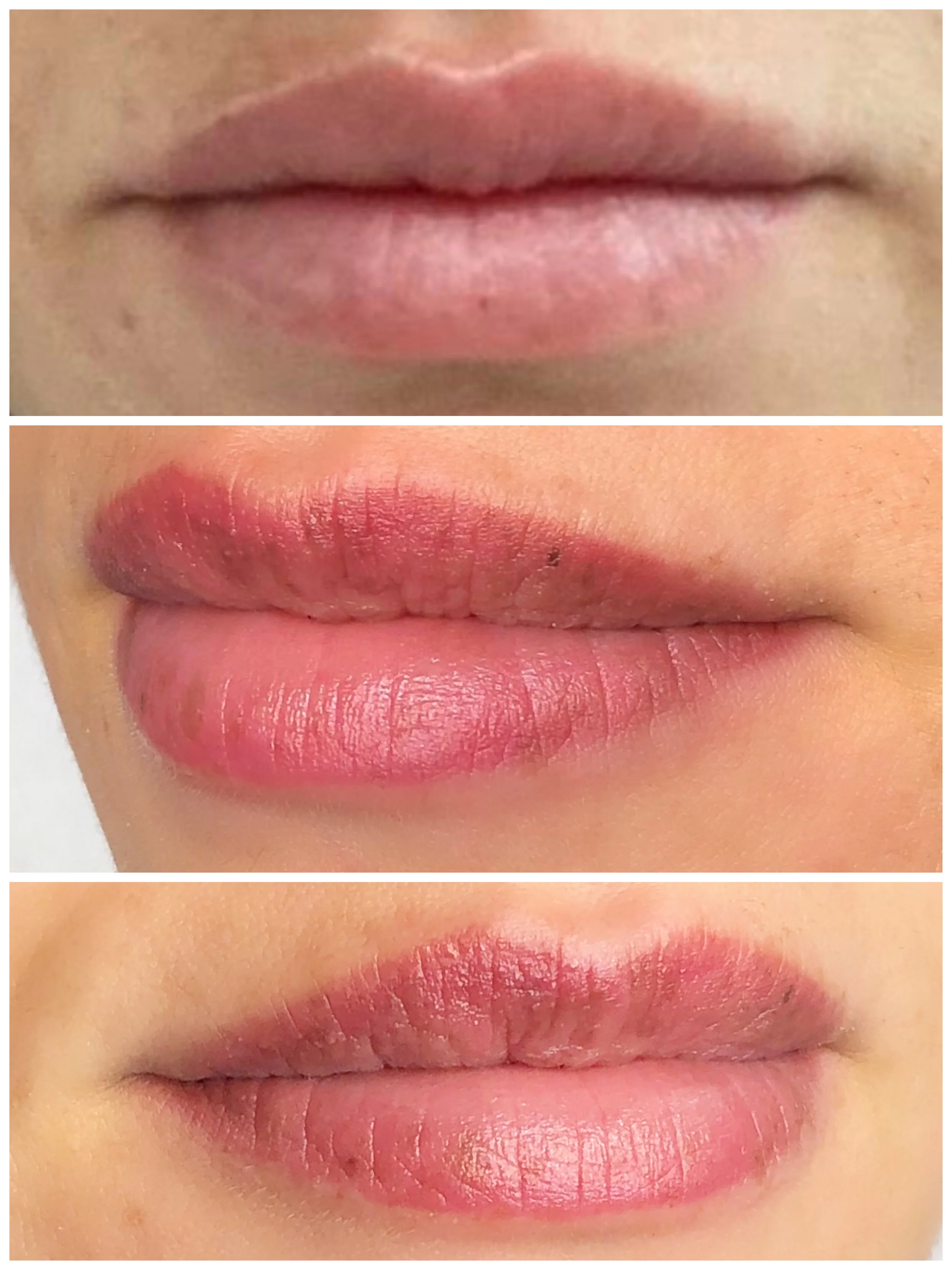 3 images showing a clients natural lips, and two angles of her healed lip blush tattoo.