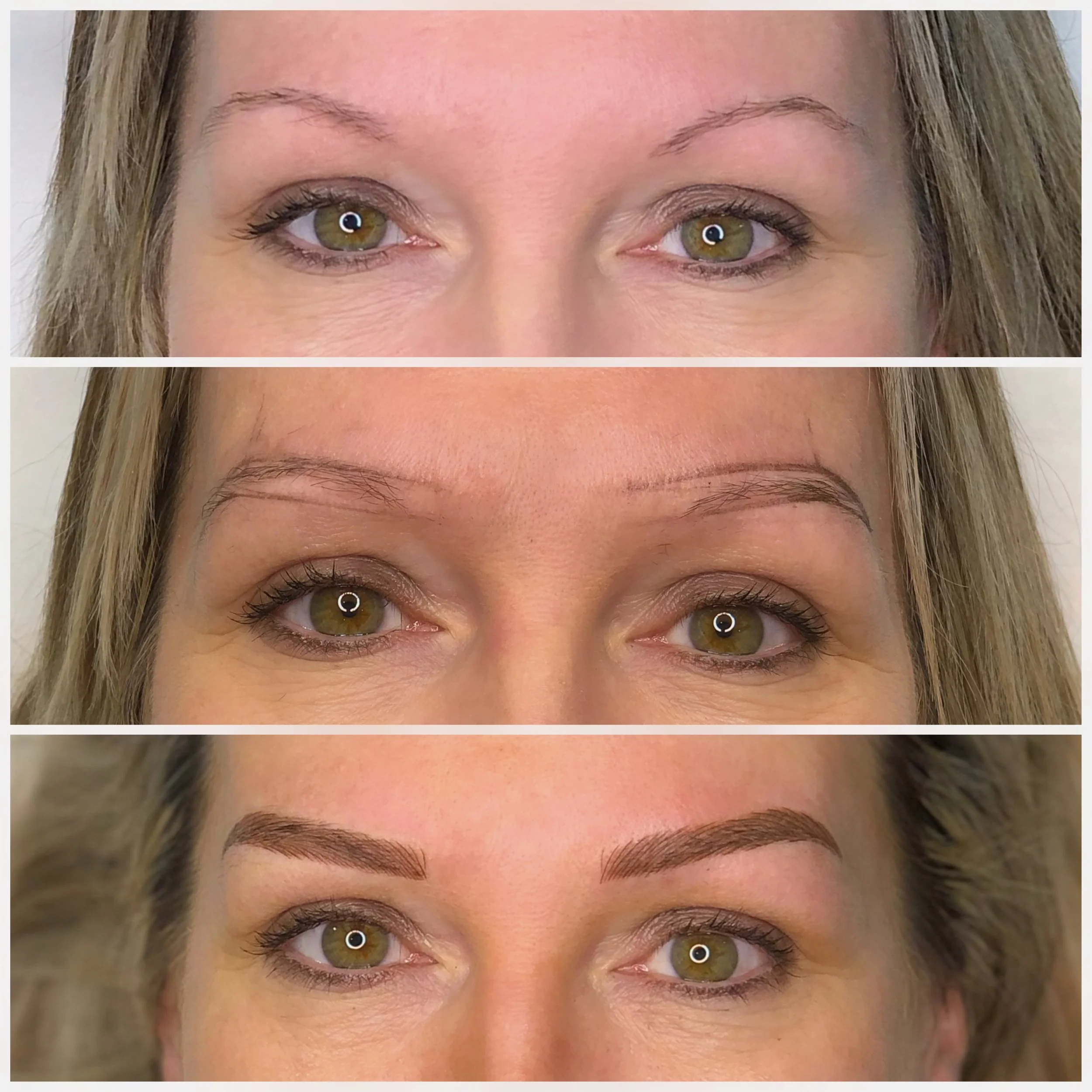 Three close-up photos of a woman's face showing her eyes and eyebrows before, during, and after eyebrow grooming or makeup application.