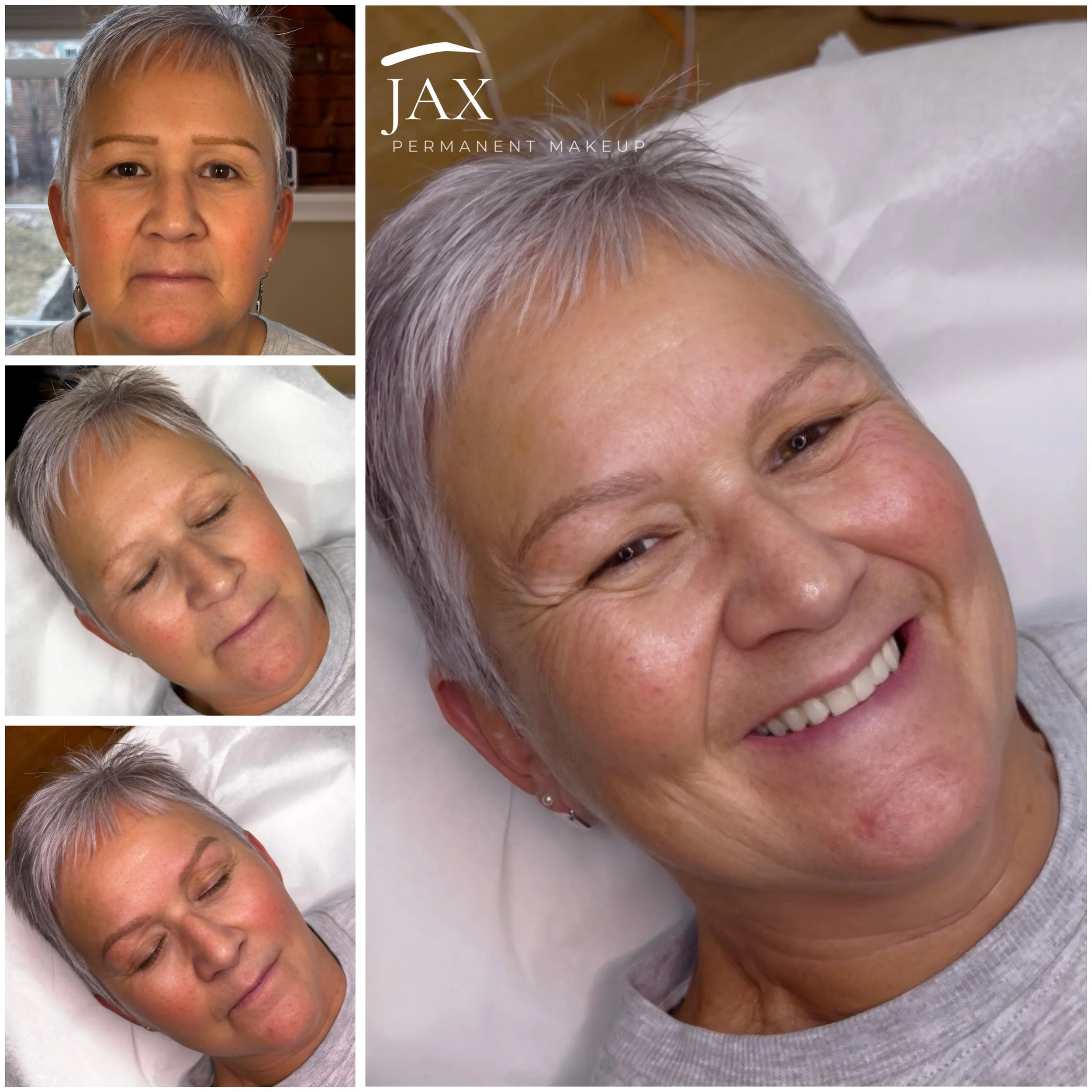 Sequence of four images showing a woman before and after permanent makeup. The woman has short gray hair, fair skin, and is smiling in the final image. The background includes a bed and a window with daylight, and text indicating 'JAX PERMANENT MAKEU