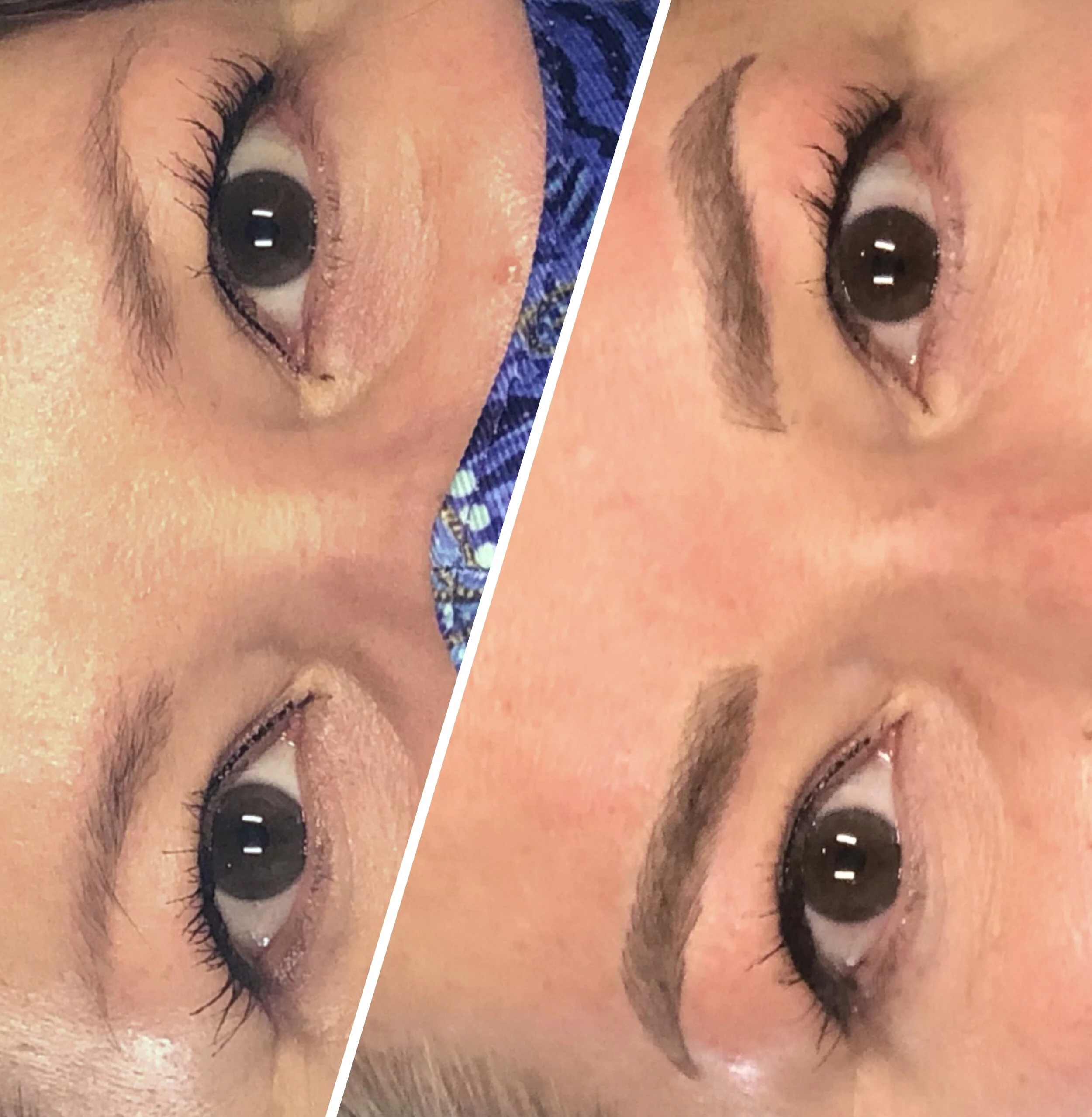 Comparison image showing a person's eyebrows before and after eyebrow enhancement or makeup application, with the left side showing natural eyebrows and the right side showing filled or shaped eyebrows.