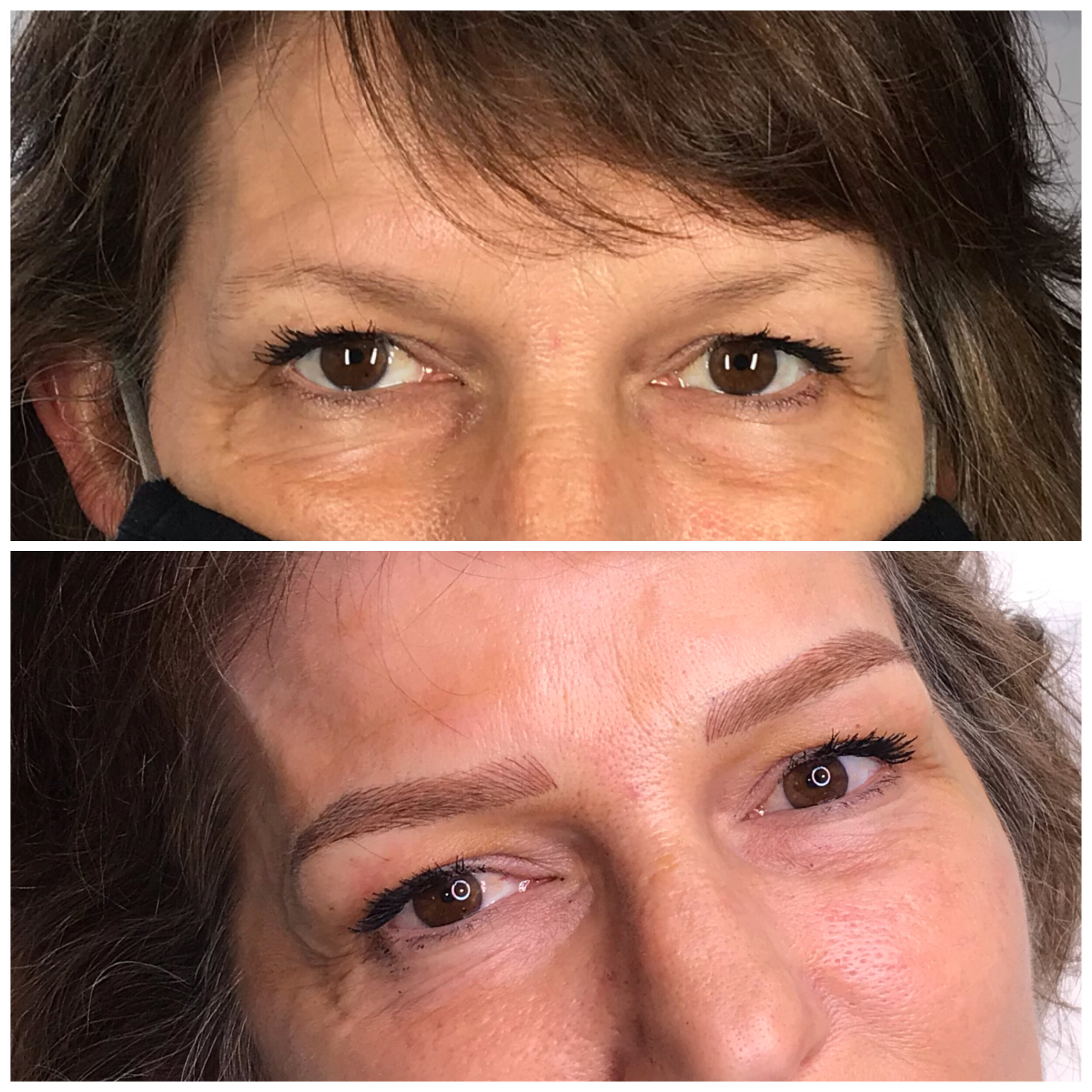 Side-by-side comparison of a woman's face showing her eyes before and after having eyebrows shaped and filled in, with the after image indicating well-defined, arched eyebrows.