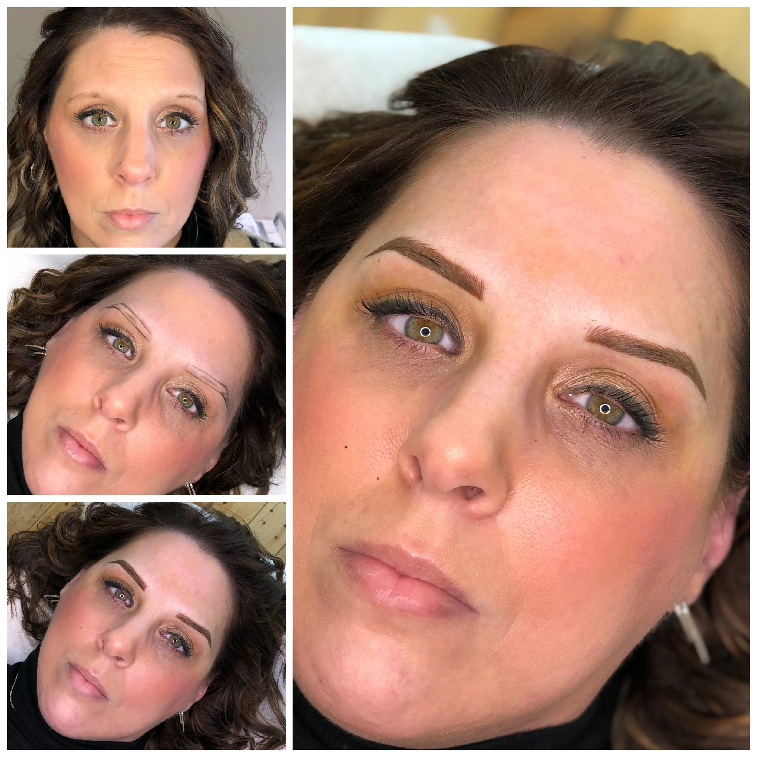 Collage of five close-up images of a woman's face showing her before and after makeup application, including eye makeup and eyebrow enhancement.