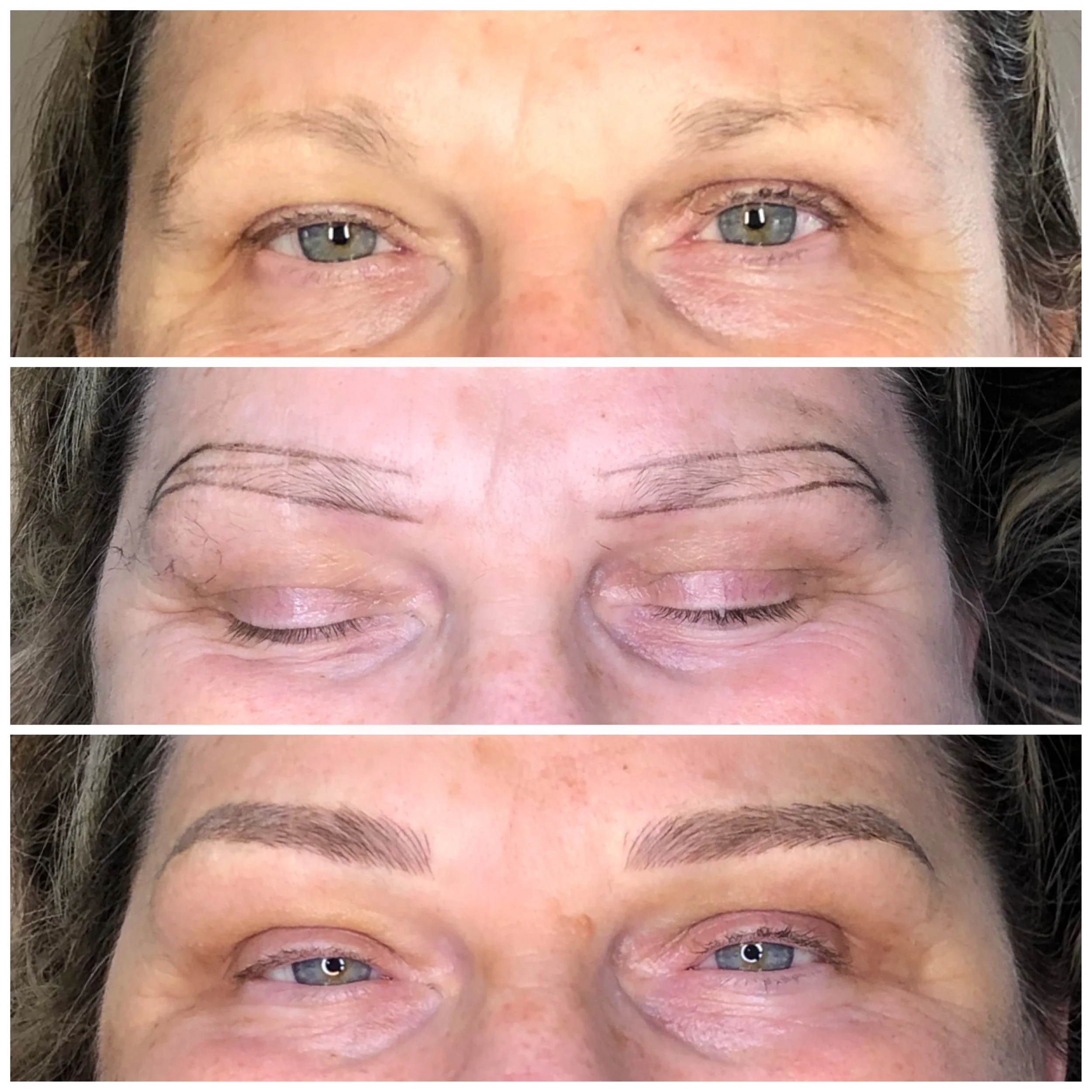 A three-part photo showing a woman's face: the top image with natural eyebrows, the middle with drawn pencil outlines for eyebrows, and the bottom with filled-in, shaped eyebrows.